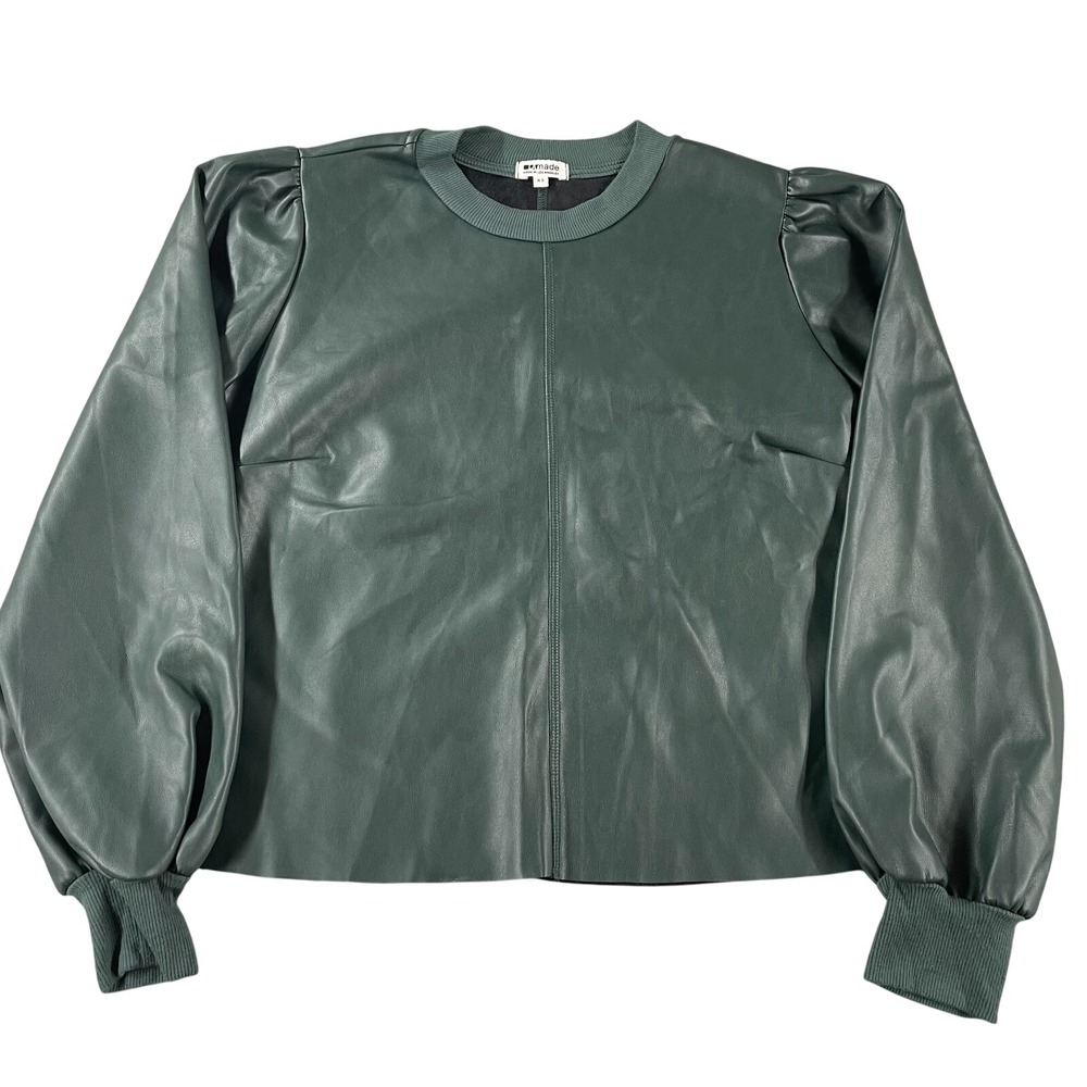 Evereve LA Made Tinsley Faux Leather Green Top Blouse Size XS Puff Sleeve‎ USA